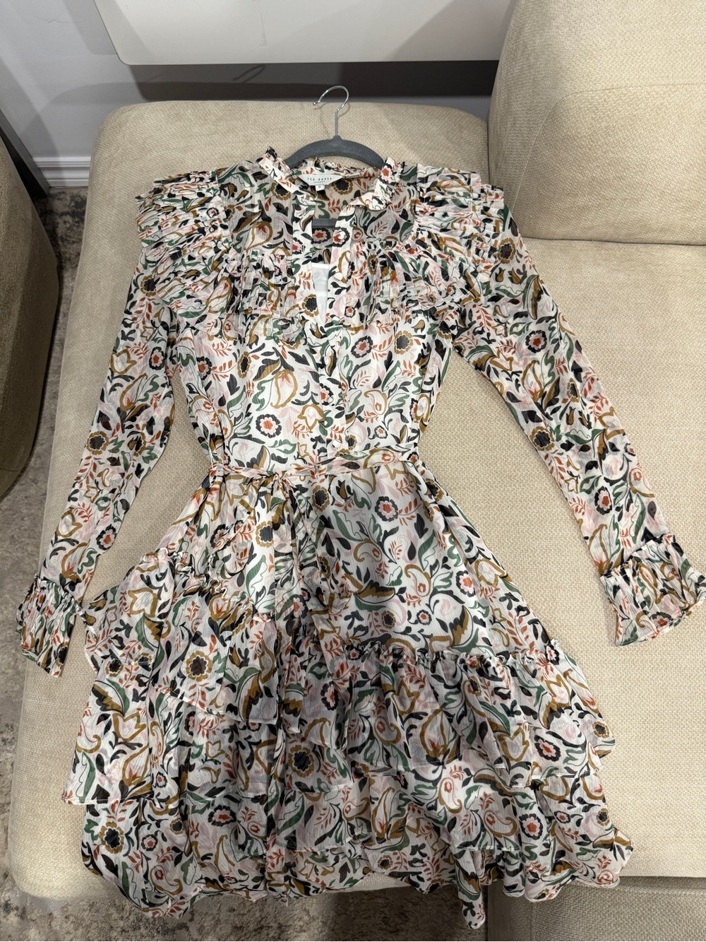 Ted Baker London Floral Ruffle Long-Sleeve Mini Dress - White, Green, Gold